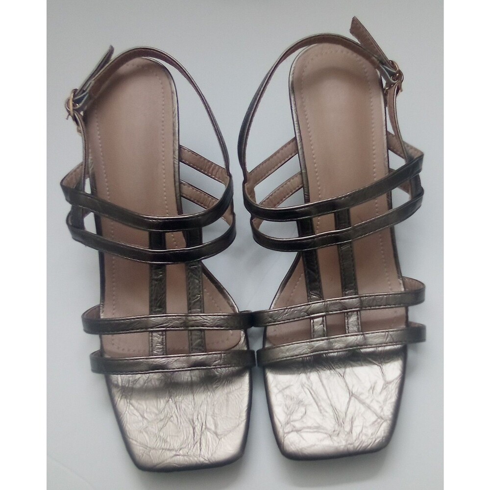 Women's Bronze Metallic Crackle Strappy Square Toe Ankle Strap Buckle 8